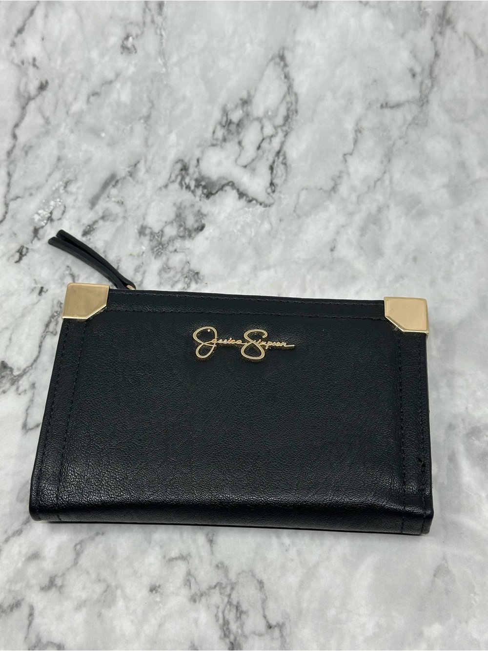 Jessica Simpson Black Card Wallet with Gold Corner Accents